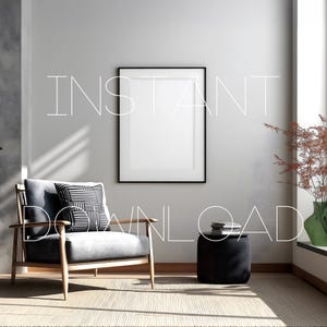 Maquette de cadre vertical pour affiche - Cadre noir dans un salon minimaliste, présentoir d'art mural PSD pour impressions A3 A4
