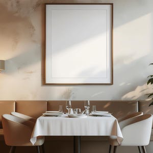 Wall Art Mockup – Restaurant Interior Frame PSD, Luxury Dining Room, Vertical Smart Object Template, Digital Download