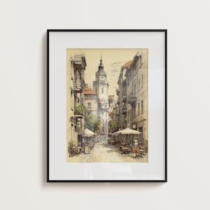 European Street Sketch Print: Vintage City Architecture