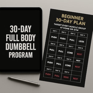 May include: A black and white printable workout plan for a 30-day beginner dumbbell program. The plan targets every muscle group and includes push, pull, core, legs, and rest days.