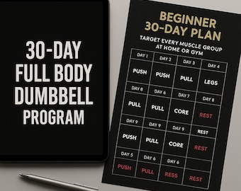 Plan de entrenamiento con mancuernas de 30 días / Guía de fitness imprimible y digital / Programa de gimnasio en casa / Entrenamiento de fuerza para todos los grupos musculares