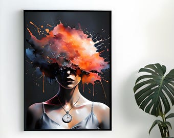 Övertänkande abstrakt surrealistiskt konsttryck – Känslomässig modern väggdekor, akvarellporträttposter, konstverk inspirerat av mental hälsa