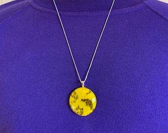 Kiln-Formed Glass Pendant Necklace: Yellow & Black Frit, Sterling Silver Plated Chain