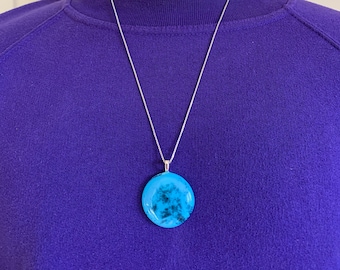 Kiln-Formed Glass Pendant Necklace: Blue & Black Frit, Silver Plated Chain