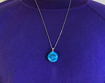 Kiln-Formed Glass Pendant Necklace: Blue & Black Frit, Sterling Silver Plated Chain