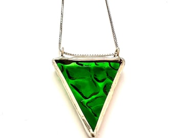 Green Stained Glass Triangle Pendant Necklace: Handmade Sterling Silver Plated Chain