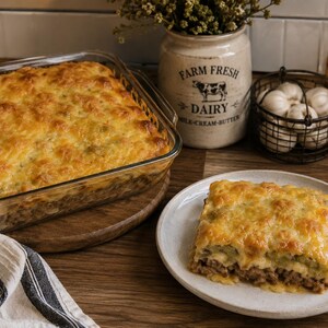 Peut inclure: Un plat de cuisson rectangulaire en verre contenant un gratin recouvert de fromage fondu doré, accompagné d'une portion individuelle sur une assiette ronde en céramique. Un pot en céramique avec le texte Farm Fresh Dairy et un panier en fil de fer.