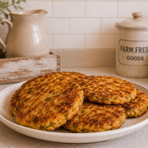 Peut inclure: Une pile de quatre galettes rondes, dorées à la poêle, parsemées de fines herbes vertes, présentées sur une assiette en céramique blanche. Les galettes présentent une surface texturée et légèrement grillée, signe d'une préparation savoureuse.