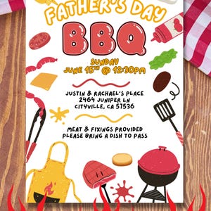 May include: Father's Day BBQ invitation with illustrations of food items like burgers, sausages, and condiments. The invitation includes the date, time, and location: June 15th at 12:30 PM, Justin & Rachael's Place, Cityville, CA.