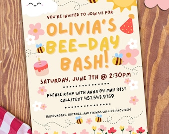 Bee Birthday Invitation | Editable Bee-Day Bash Party Invite | Girl Birthday Invite Template | Instant Download | Bumble Bee Theme