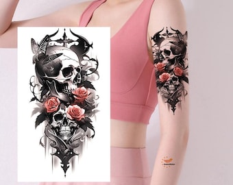 Skull Flower Temporary Tattoo Demon Skull Rose Hand Drawn Floral Sketch XMQB