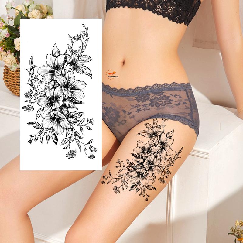 Tatuagem temporária de lírio com flores pretas, desenho floral violeta, flores, folhas, galhos, esboço desenhado à mão, corpo, barriga, cintura, braço, perna, pescoço, tatuagem XMQB