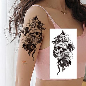 Skull Snake Flower Peony Temporary Tattoo Black Snake Skull Hand Drawn Sketch Floral Design Body Stomach Waist Arm Leg Neck Tattoo XMQB
