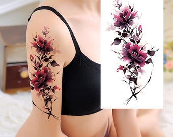 Tatuagens temporárias de flores coloridas, peônia vermelha, hibisco, esboço desenhado à mão, floral, corpo, barriga, braço, perna, tatuagem XMQB