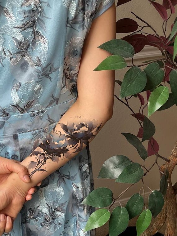 Colorful Peony Flowers Temporary Tattoos Sketch Floral Design