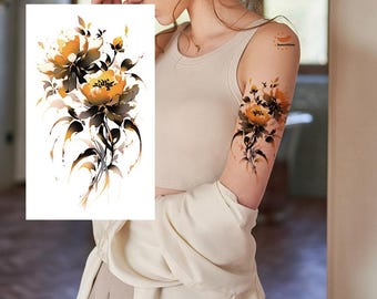 Yellow Watercolor Flower Rose Peony Camellia Temporary Tattoos Hand Drawn Sketch Floral XMQB
