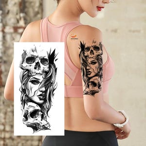 Schädel Gesichted Frau Mädchen temporäre Tattoo Dämon Schädel Schönheit Hand gezeichnete Skizze Floral Design Körper Magen Arm Bein Hals Tattoo XMQB