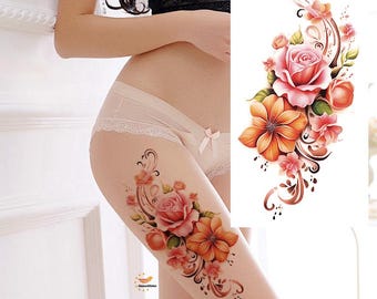 Tatuagens temporárias de flores, rosas e peônias, flores coloridas, peônias e rosas, esboço desenhado à mão, floral, corpo, barriga, braço, perna, tatuagem XMQB