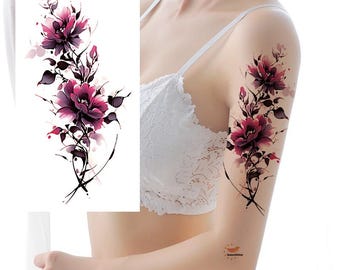 Tatuajes temporales de peonías y rosas de flores coloridas, boceto floral dibujado a mano XMQB