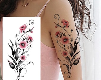Tatuagens temporárias de flores coloridas, flores rosas, peônia, rosa, margarida, desenho à mão, desenho floral, corpo, barriga, braço, perna, tatuagem XMQB