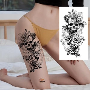 Schädel Blume temporäre Tattoo Demon Skull Rose Camellia Schmetterling Hand gezeichnete Skizze Floral Design Körper Bauch Arm Bein Hals Tattoo XMQB