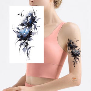 Kleurrijke bloemen tijdelijke tatoeages Rode pioen hibiscus handgetekende schets bloemen XMQB
