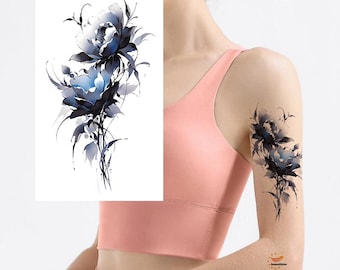 Tatuajes temporales de flores de colores: peonía roja, hibisco, boceto floral dibujado a mano XMQB