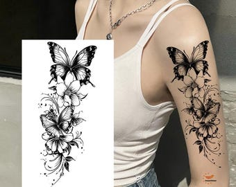 Tatuajes temporales de mariposas negras, flores y margaritas, bocetos dibujados a mano para el cuerpo, el estómago, la cintura, el brazo, la pierna y el cuello. XMQB
