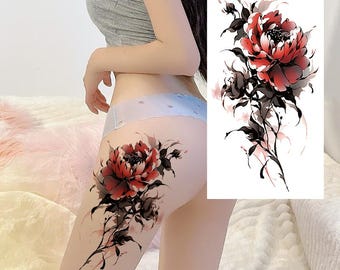 Tatuagens temporárias de flores coloridas, peônia vermelha, hibisco, esboço desenhado à mão, floral, corpo, barriga, braço, perna, tatuagem XMQB