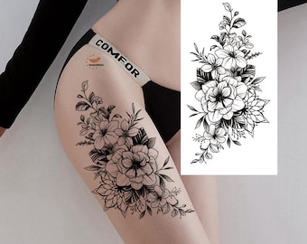 Tatuajes temporales de flores negras violetas, peonías, rosas y margaritas, bocetos dibujados a mano, diseño floral, tatuajes para el cuerpo, el estómago, el brazo y la pierna, XMQB