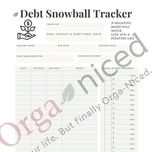 Debt Snowball Tracker Printable | Visual Payoff Chart + Monthly Debt Log | 1-Page Budget PDF for Instant Download