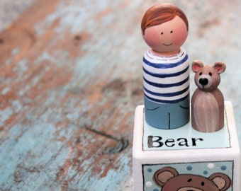 Baby Boy Gift, Hand Painted Nursery Gift, Bear and Boy Decor, Wooden Block Decor