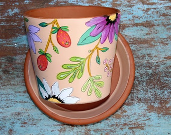 Hand Painted Pot, Succulent Planter, 4.5 inch Terracotta Flower Pot "Meadow" Ready to Ship