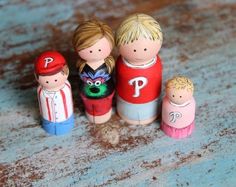 Peg Doll Family, Baseball Fun, Philadelphia Phillies MLB Peg People Family, Dollhouse Family- Ready to Ship