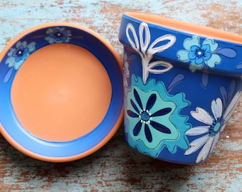 Hand Painted Flowerpot- 4 Inch Terracotta Set, "Indigo" Succulent Planter- Ready to Ship