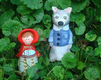 Fairy Tale, Red Riding Hood and Big Bad Wolf Peg Doll Playset, Nursery Decor, Clay Art Doll