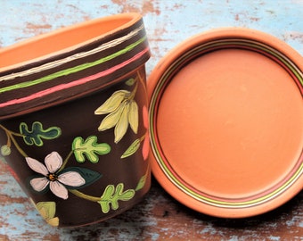 Planter, Hand Painted Flowerpot 6 Inch Terracotta "Chocolate Floral"- Ready to Ship