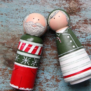 Santa & Mrs. Claus Peg Doll Set Hand Painted Wood Toy
