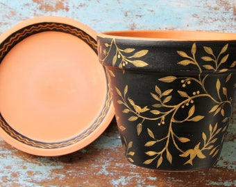 Hand Painted Flower Pot, 6 Inch Terracotta Planter Set, "Sanctuary" Fall Planter, Garden Gifts- Ready to Ship