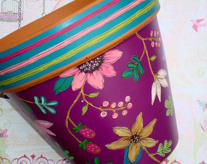 Hand Painted Flower Pot 8 Inch berry Fine Floral Etsy
