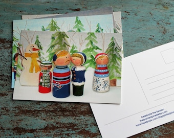 Holiday Postcards- Peg People Art, Set of 5