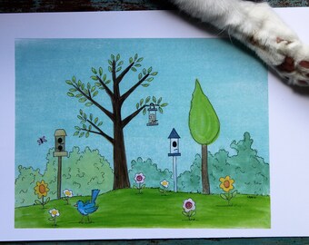 Nursery Wall Art "Early Bird" Original Illustration for Girl or Boy's Room