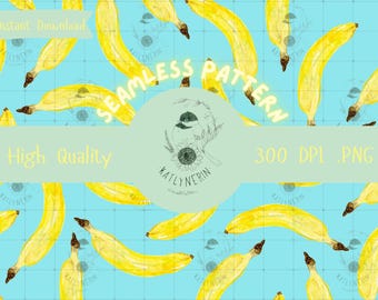 May include: A seamless pattern design featuring yellow watercolor bananas on a light blue grid background. The image includes text that reads "Instant Download", "Seamless Pattern", "High Quality", and "300 DPI .PNG". A circular logo is also present.