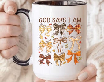 Christian Mug God Says I Am Bible Verse Cup With Bows, Inspirational Faith Coffee Mug, Religious Gift For Women, Encouragement Scripture Mug
