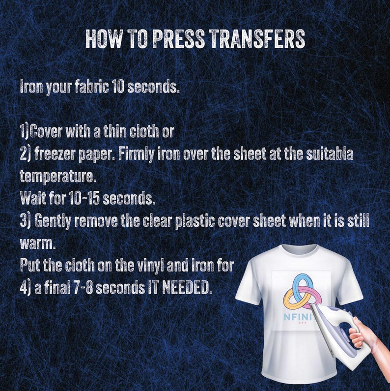 The image is a step-by-step guide on how to press transfers onto fabric, with a hand holding a white t-shirt with a logo on it.