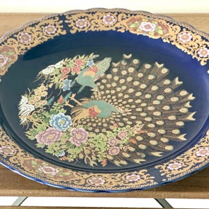 Decorative Plate—Vintage Moroccan Taous—Blue Porcelain with Golden Peacock and Flowers—taous plate, 41 cm