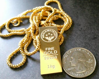 Gold-Plated Bar Necklace - 17 Inch Chain - Novelty Bullion Style Pendant - Collector Gift - Jewelry - Not Solid Gold