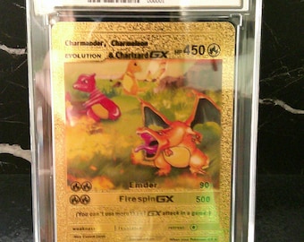 Charmander Charmeleon and Charizard GX Gold Foil Card - Encased Display Collectible - Prop & Coin Co.