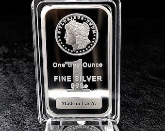 1oz Silver Bar Replica (Not Real Silver) - Morgan Dollar Design - Silver-Plated Novelty Bullion Bar - Collectible Display Gift