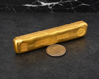 Long Gold-Tone Chinese Ingot Replica (Not Real Gold) - Antique-Style Stamped Metal Bar - Collectible Decor